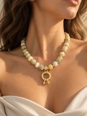 Gold-Accented Cream & Pale Green Beaded Necklace